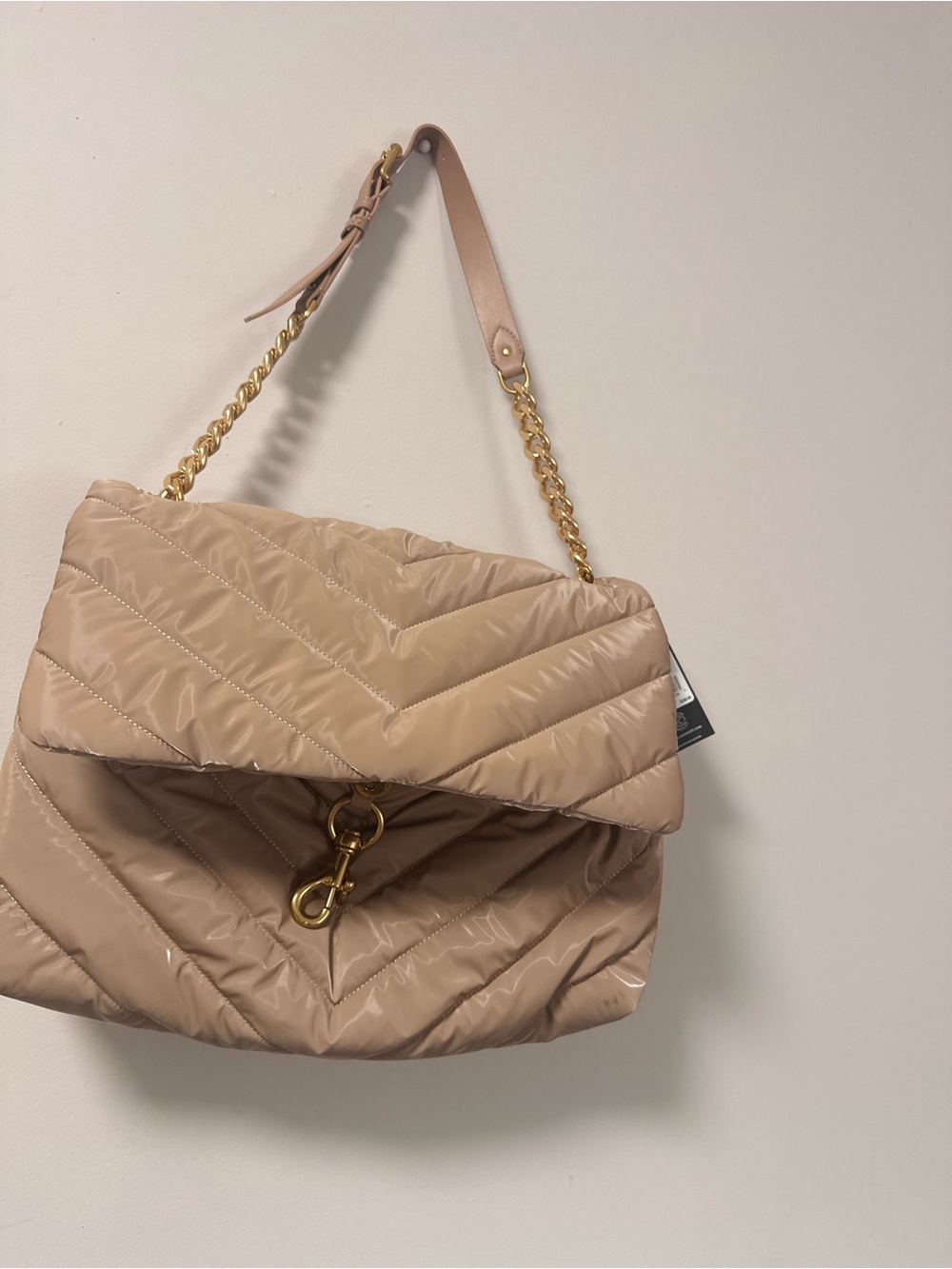 Rebecca Minkoff Quilted Shoulder Bag in Beige with Gold Chain Strap